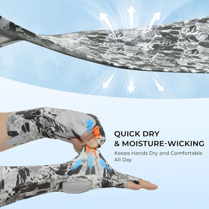 KastKing Agies Fishing Gloves Men, UPF 50+ Sun Gloves UV Protection, Cooling Quick-Dry 3/4 Fingerless Gloves with Extended Cuff, Microfiber Palm & Pull Tabs, for Fishing, Kayaking, Hiking, Hunting - color: X Camo-Gray, size: Small-Medium