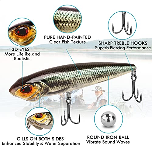 TRUSCEND Popobait Easy Catch Fishing Lures with BKK Hooks, Instant Startup, Longer Cast, Balanced Spray/Sound/Swim, Plopper Topwater Lures for Bass, Trout, Pike, Walleye, Freshwater Saltwater Fishing - color: E3-3.5",0.4oz