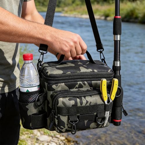Portable Oxford Fishing Gear Bag, Water Resistant Multi-pocket Storage Backpack with Rod Holder and Adjustable Shoulder Strap for Outdoor Fishing