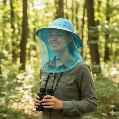 Mosquito Fishing Safari Mesh Net Hat with Neck Flap, Sun Protection Women Men Bug Cap, Hidden Netting Boonie - color: Light Blue