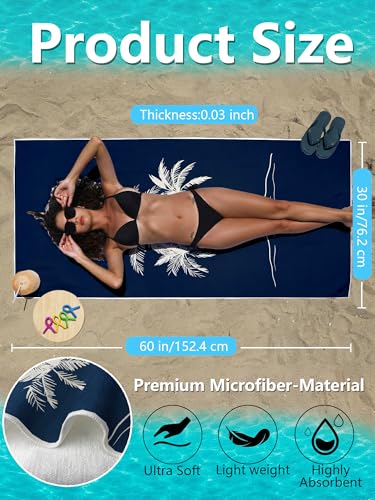 Tropical Navy Blue Palm Tree Beach Towel with Clips Set - Summer Nautical Coastal Large Sand Free Towel 30x60 Inch for Beach Camping Swim Pool Gym Sports & Yoga - color: Btowels02