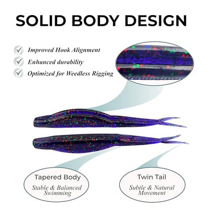 Pulse Minnow Bait for Bass Fishing, 4.7" Soft Twin Tail Lures with Fast Kicking Action, Shrimp Scented & Salt Infused, Ideal for Drop Shot & Jig Head, 10-Pack - color: Smoke Blue Flake