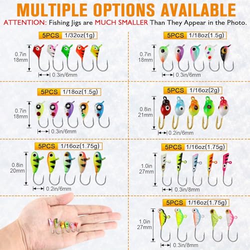 Dovesun Ice Fishing Jigs Kit Glow in The Dark Fishing Gear Lures 35 Pcs Ice Jig Head with Tackle Box for Panfish Walleye Crappie Perch Bluegil Trout