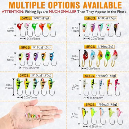 Dovesun Ice Fishing Jigs Kit Glow in The Dark Fishing Gear Lures 35 Pcs Ice Jig Head with Tackle Box for Panfish Walleye Crappie Perch Bluegil Trout