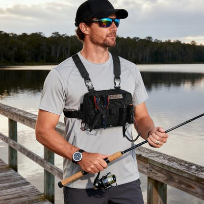 Outdoor Chest Bag for Men, Water-Resistant Fishing Chest Pack, Tactical Vest for Running, Cycling, Hiking - color: Black