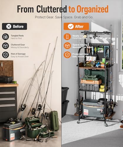 Homde Fishing Rod Holders for Garage: Large Capacity Fishing Equipment Holder up to 12 Rods - Mobile Tackle Storage Cart with Pegboard and Hooks for Tackle Box Organizers and Storage