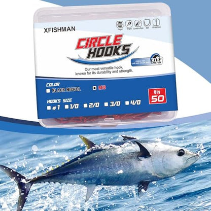 XFISHMAN Circle-Hooks-Fishing-Equipment-Octopus-Hooks-Saltwater-50 Pack #1 –12/0 - color: Red, size: 1/0 50-Pack