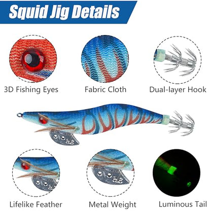Glow Squid Jig Saltwater Squid Lures, 5/10pcs Luminous Squid Jig Hooks Shrimp Prawn Lures Fluorescent Cuttlefish Sleeve Octopus Jigs Artificial Baits Night Fishing Tackle Size 2.5# 3# 3.5# - size: 3.5#-10pcs