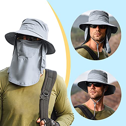 Fishing Hat for Men & Women, Outdoor UV Sun Protection Wide Brim Hat with Face Cover & Neck Flap - color: Grey