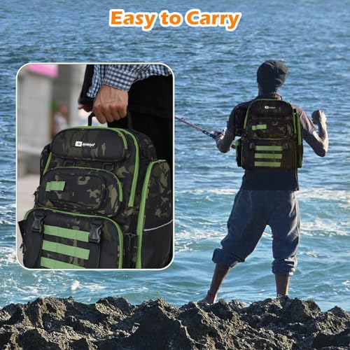 AYAMAYA 45L Fishing Backpack with 4 Tackle Boxes, Large Tackle Backpack with Rod Holders, Rubber Feet, Outdoor Multifunctional Fishing Bag Gear & Equipment for Camping, Hiking - color: Camo, 4 Tackle Boxes