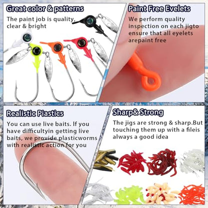 115 Pcs Crappie Jig Heads Lures Kit Underspin Crappie Jig Heads with Spinners Blade and Eye Ball Worm Baits for Saltwater & Freshwater 1/8oz 1/5oz 1/4oz