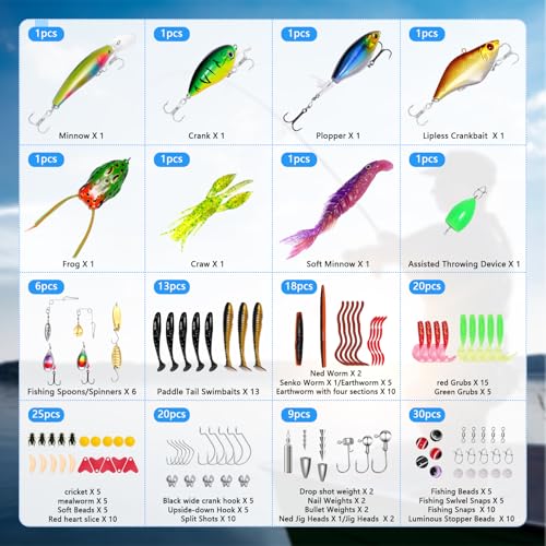FONMANG Fishing Lures - Tackle Box with Tackle Included, Fishing Kit with VIBs, Frogs, Minnows, Soft Baits, Hooks & Weights Accessories, Freshwater Lure Kit for Bass Walleye Trout - color: F4-153pcs Fishing Lure Kit