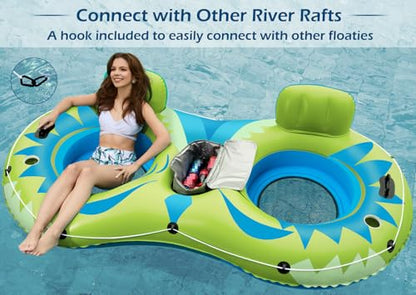 Jasonwell Inflatable River Tube Float - 2 Person Heavy Duty River Float Pool Floats with Removable Cooler Lake Water Tubes for Floating River Raft Lounge Floatie with 2 Cup Holders for Adults (YG) - style: Owl-Lime