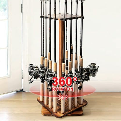 Ghosthorn Fishing Rod Holders for Garage 360 Degree Rotating Fishing Pole Rack, Floor Stand Holds up to 16 Rods Wood Fishing Gear Equipment Storage Organizer, Fishing Gifts for Men Women - style: carbonization