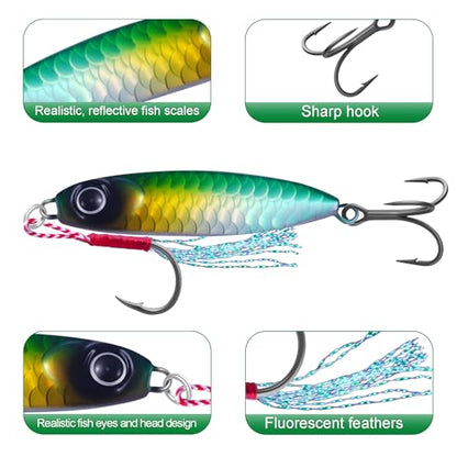 6Pcs Saltwater Fishing Lures with Box, Reflective Jigs Spoon Lure with Ultra-Sharp Treble Hooks, Ocean Salt Water Lures for Tuna, Salmon, Grouper, Snapper, Trolling & Jigging