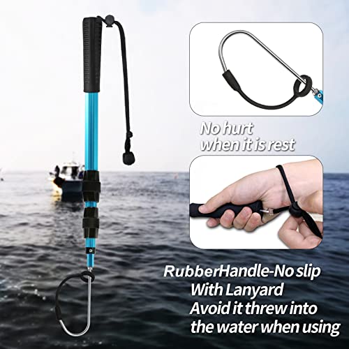 SANLIKE Telescopic Fishing Gaff, Aluminum Pole, Stainless Steel M8 Hook | Ultralight 4.62oz aluminum telescopic gaff (11.4"-24") with nonslip rubber handle, sharp stainless hook & safety lanyard - color: Blue, size: L-Extended 78.7"