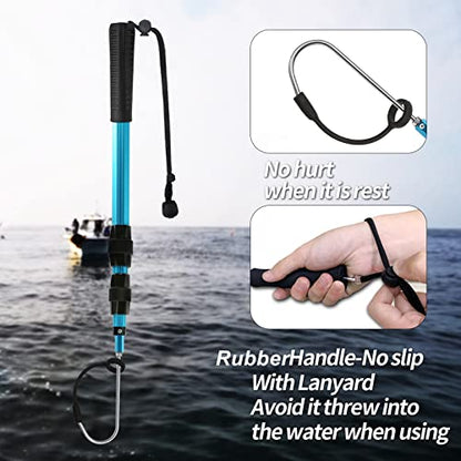 SANLIKE Telescopic Fishing Gaff, Aluminum Pole, Stainless Steel M8 Hook | Ultralight 4.62oz aluminum telescopic gaff (11.4"-24") with nonslip rubber handle, sharp stainless hook & safety lanyard - color: Blue, size: L-Extended 78.7"