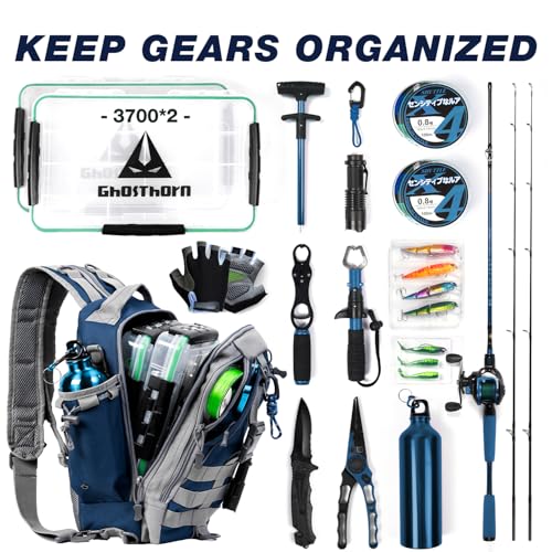 Ghosthorn Fishing Backpack with Tackle Boxes Fish Lip Gripper Pliers Lures Waterproof Tackle Bag with Rod Holder Fishing Gear - color: Blue, size: Large