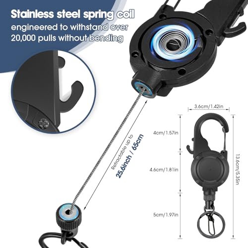 Fly Fishing Zinger Retractor,26" Stainless Steel Wire Rope, with Integrated Line Cutter and Magnetic Closure,360° Rotation Keychain & Carabiner Clip for Fly Fishing,Cycling,Hiking - style: 2 BLACK