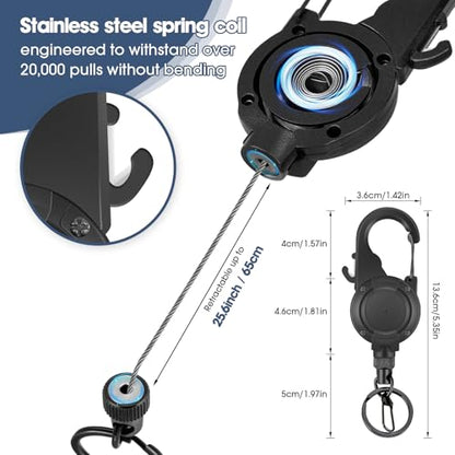 Fly Fishing Zinger Retractor,26" Stainless Steel Wire Rope, with Integrated Line Cutter and Magnetic Closure,360° Rotation Keychain & Carabiner Clip for Fly Fishing,Cycling,Hiking - style: 2 BLACK