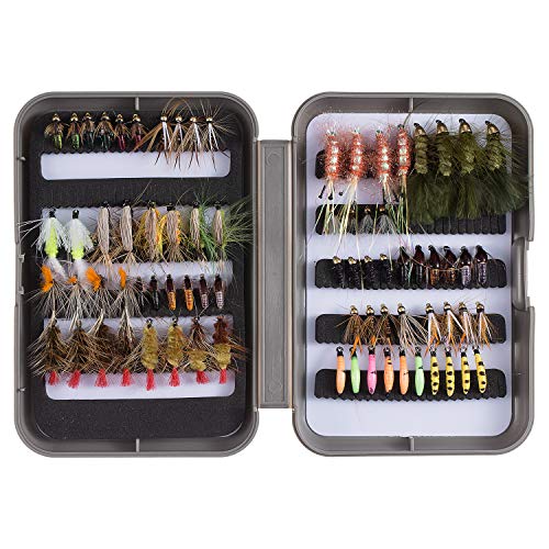 BASSDASH Fly Fishing Flies Kit Fly Assortment Trout Bass Fishing with Fly Box with Dry/Wet Flies, Nymphs, Streamers, Popper - style: 76 Pcs Assorted Trout Flies Kit