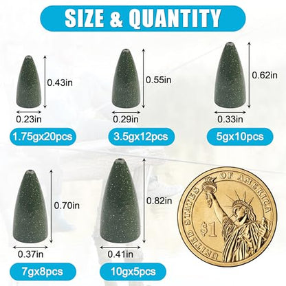 Bullet Fishing Weights Sinkers, 30pcs Worm Slip Sinkers Weight for Bass Fishing Carolina Rig Texas Rig Drop Casting Sliding Weights Saltwater Freshwater - size: 55pcs Weights Kit