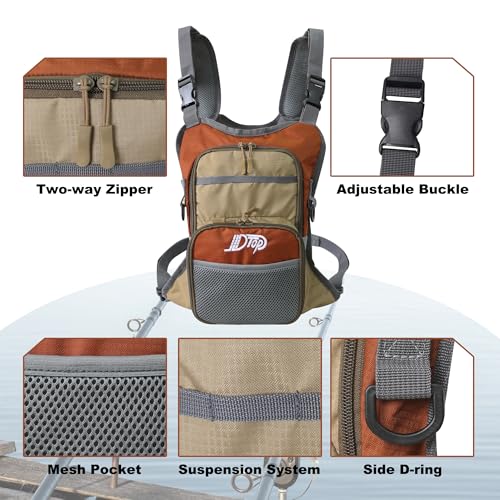 Fly Fishing Chest Pack, Lightweight Fishing Backpack, Fishing Tackle Storage Fits Up to Hold Fly Boxes, Fishing Accessories for Men(Orange + Gray)