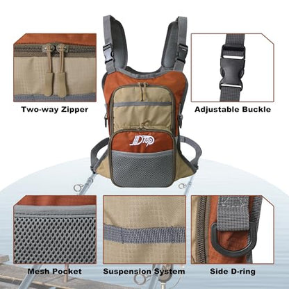 Fly Fishing Chest Pack, Lightweight Fishing Backpack, Fishing Tackle Storage Fits Up to Hold Fly Boxes, Fishing Accessories for Men(Orange + Gray)