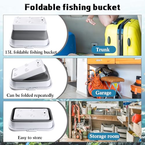 2 Pcs Fishing Bucket and Live Bait Aerator, 13L Foldable Multi Functional Live Bait Bucket Portable Quiet Aerator 14 Quarts Collapsible Fish Transport Container for Outdoor Fishing