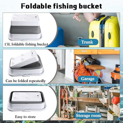2 Pcs Fishing Bucket and Live Bait Aerator, 13L Foldable Multi Functional Live Bait Bucket Portable Quiet Aerator 14 Quarts Collapsible Fish Transport Container for Outdoor Fishing