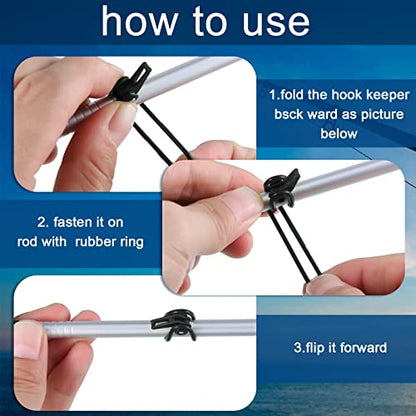 Gejoy 21 Pcs Fishing Hook Holder Fishing Rod Hook Keeper with 3 Size Elastic Rubber Rings, Adjustable Spring Lure Bait Holders for Most Rods - color: Black