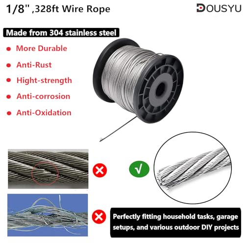 1/8" Wire Rope,328ft Stainless Steel Cable with 100Pcs Aluminum Crimping Sleeves, Steel Wire Cable,Picture Wire,7x7 Strand,1433 lbs Breaking Strength - size: 1/8-inch