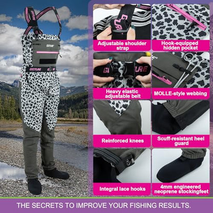 Goture 5-Layer Lepord Breathable Women's Fly Fishing Waders, Waterproof Neoprene Stockingfoot Waders w/Handwarmer - size: X-Small