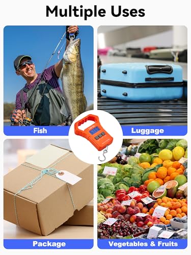 HEETA Fish Scale 110lb/50kg Digital Hanging Fishing Luggage Weight Scale | Portable with Backlit LCD Display, Hook & Non-Slip Large ABS Handle, Fishing Gifts Gear for Men, 2 AAA Batteries Included - color: Orange