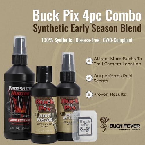 Buck Fever Buck Pix 2,3,4-Piece kit - Synthetic Deer Scent (4 oz Branch Action & 4 oz Dirt Fusion) for Whitetail & Mule - Non-Spoiling Deer Attractant for Outdoor Trail Camera - size: 4 - Piece Combo