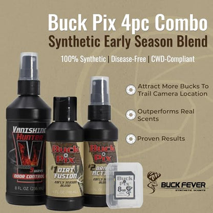 Buck Fever Buck Pix 2,3,4-Piece kit - Synthetic Deer Scent (4 oz Branch Action & 4 oz Dirt Fusion) for Whitetail & Mule - Non-Spoiling Deer Attractant for Outdoor Trail Camera - size: 4 - Piece Combo