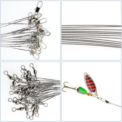 Stainless Steel Fishing Wire Leaders, Black Coated & Uncoated Options, Heavy Strength 31–100LB, 6–21in Multi Sizes with Rolling Swivels Snaps for Salt Fresh Water Shark Pike Barracuda - color: 11.81in - 50pcs(31LB)
