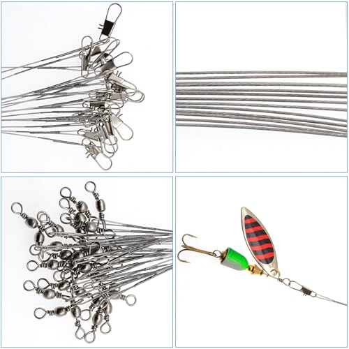 Stainless Steel Fishing Wire Leaders, Black Coated & Uncoated Options, Heavy Strength 31–100LB, 6–21in Multi Sizes with Rolling Swivels Snaps for Salt Fresh Water Shark Pike Barracuda - color: 7.87in -50pcs(31LB)