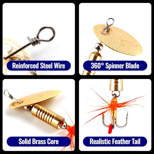 Trout Spinnerbait Lures Inline Rooster Tail Fishing Kit Brass Spinner Baits with Smooth Rotation Flash Blade for Bass Pike Crappie Saltwater Freshwater Lake River 360 Balance Hook - color: 1/16 oz