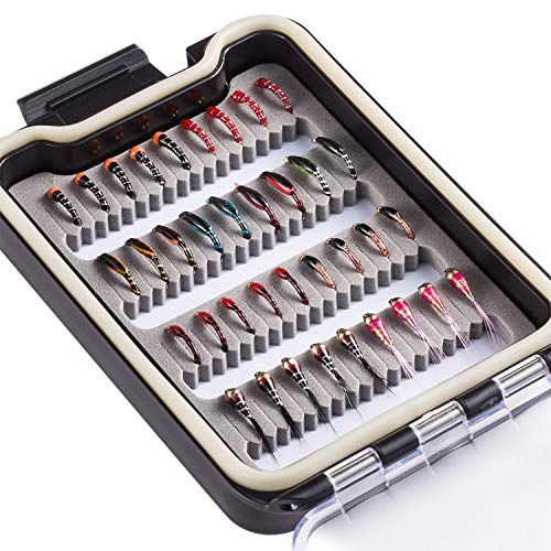 BASSDASH Fly Fishing Flies Kit Fly Assortment Trout Bass Fishing with Fly Box with Dry/Wet Flies, Nymphs, Streamers, Popper - style: 36 Pcs Nymph Midge Flies