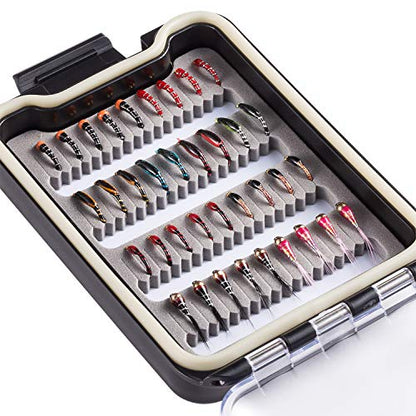 BASSDASH Fly Fishing Flies Kit Fly Assortment Trout Bass Fishing with Fly Box with Dry/Wet Flies, Nymphs, Streamers, Popper - style: 36 Pcs Nymph Midge Flies