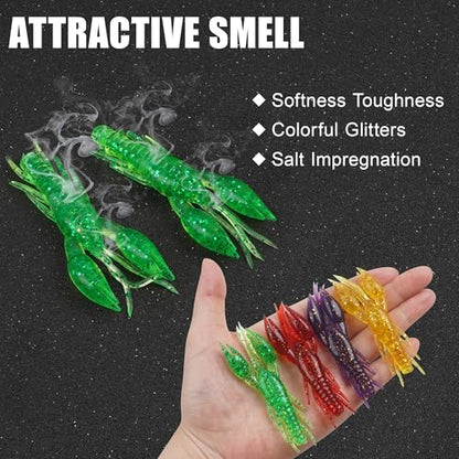 Crawfish Bait Soft Plastic Lures Set for Bass Fishing, 60pcs Silicone Craw Swimbaits with Twistlock Hooks Swivel Snaps Ned Rig Baits Kit for Trout Salmon Freshwater Saltwater