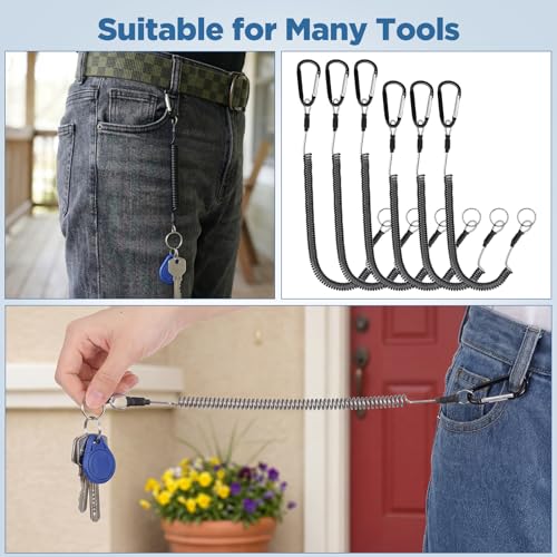 6 Pack Fishing Coiled Lanyard, Retractable Tool Lanyards for Hand Tools Keychain Pole Tether, Kayak Paddle Leash Fishing Rod Safety Steel Wire Lanyards Gear with Carabiner Clips for Pliers Boating