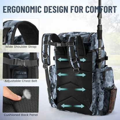 VJI Fishing Tackle Backpack with Rod Holder, Large Tactical Backpack, Fishing Gear Tackle Box Tactical Backpack, Water Resistant Sport Bag and Equipment - color: Black Camo