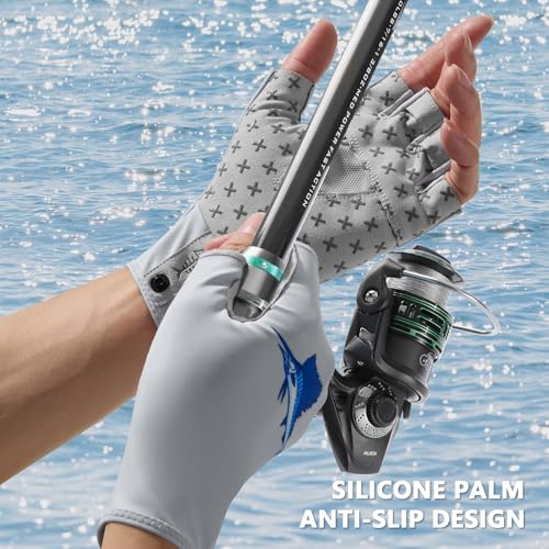 BASSDASH Unisex UPF 50+ Half Finger Sun Gloves Fingerless Breathable UV Protection for Fishing Hiking Kayaking Rowing FG02 - color: Cool Grey/Marlin, size: Large