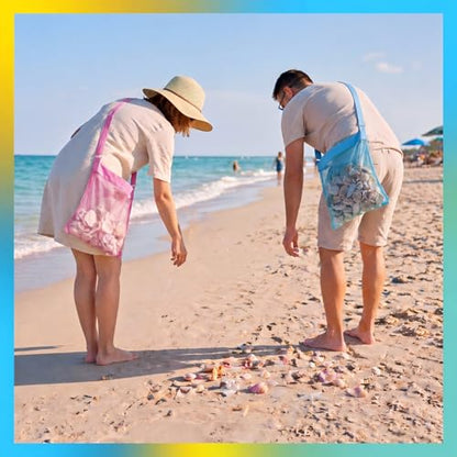 VioraWhite 2 Pcs Extra Large 14 x 16inch Clam Mesh Chum Beach Bags for Seashells Clams Treasures Sand Away Foldable Shell Collection Bags with Adjustable Straps (Pink,Blue) - color: Pink, Blue