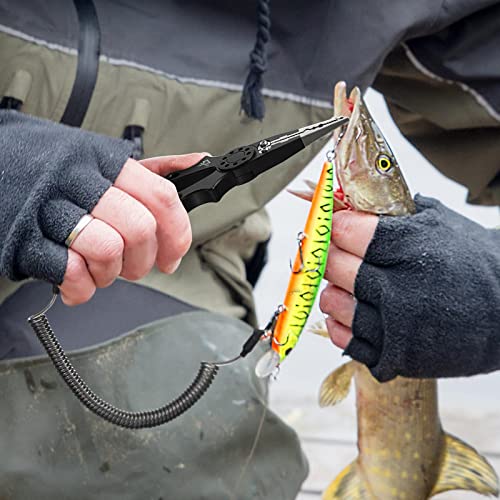 Piscifun Saltwater Fishing Pliers, Aluminum, Split Ring, Braid Cutter | Hook remover, tungsten carbide blade, spring-loaded jaws, ergonomic grip, sheath and lanyard - color: Black, style: Rubber Sheath