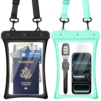 CACOE Floatable Waterproof Phone Pouch 2 Pack Up to 10.0", Black+Green | Floatable, IPX8 Waterproof Phone Case,Adjustable Lanyard,Dry Bags for Beach/Cruise/Travel/Camping/Kayak/Vacation Essentials - color: Black+Green, size: Up to 10.0"-Floatable