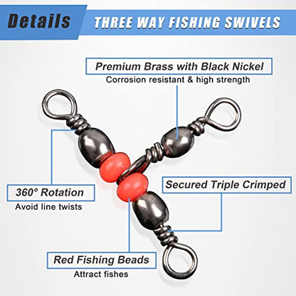 SILANON 3 Way T-Turn Barrel Swivels Fishing Tackle,40pcs Brass Barrel Triple Swivel Cross Line 3 Way Barrel Fishing Connector with Red Fishing Beads for Freshwater Saltwater Test 20-100LB - size: 3*5# 40pcs
