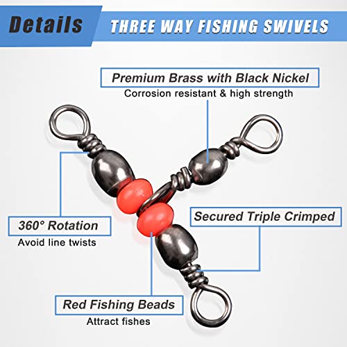 SILANON 3 Way T-Turn Barrel Swivels Fishing Tackle,40pcs Brass Barrel Triple Swivel Cross Line 3 Way Barrel Fishing Connector with Red Fishing Beads for Freshwater Saltwater Test 20-100LB - size: 7*9# 40pcs